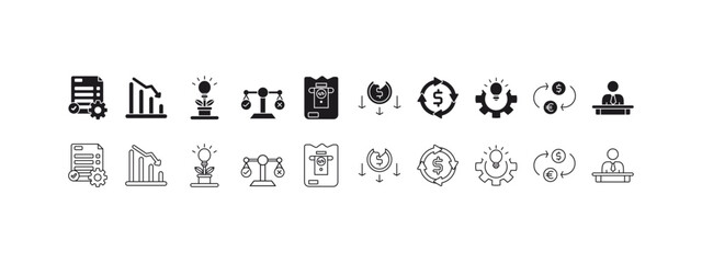 Several  business and finance icon designs for presentations, marketing materials, websites, and infographics on financial topics.