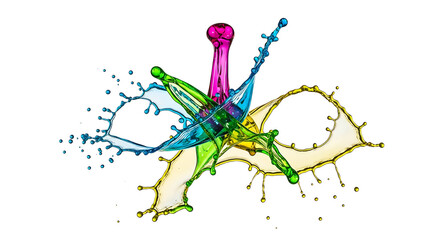 Obraz premium Dynamic high-speed capture of vibrant magenta, green, blue, yellow liquid splashes colliding into abstract forms on white.