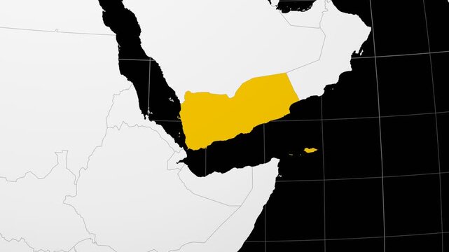 Yemen map. Animated zoom into the country on the Globe in Black White color palette. Country logo animation. Map with meridians, parallels. Alive video.