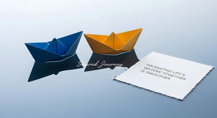 Origami Paper Boats Floating With Reflection on Light Surface