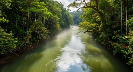 Obraz premium Misty River Through Lush Green Rainforest Canopy.