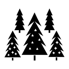 Group of stylized black christmas trees on a white background