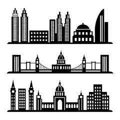Collection of three distinct city skyline silhouettes in black and white