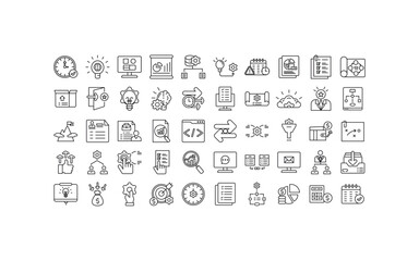 Project management icon showing thinline icons depicting diverse business concepts like time management, team collaboration, and project planning. Suitable for project management materials.
