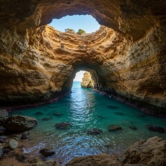 Fototapeta premium Stunning coastal cave with turquoise water and natural rock formations.