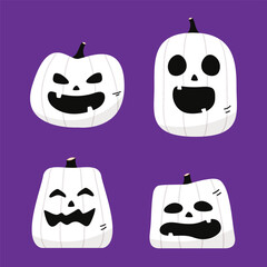White Pumpkin head set. Cute and scary Halloween pumpkin monster set. Holidays cartoon character in flat style collection.