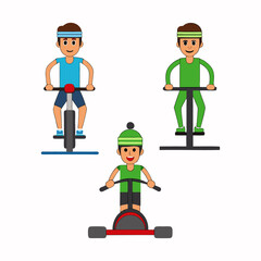 Three cartoon boys riding bicycles and a drift trike