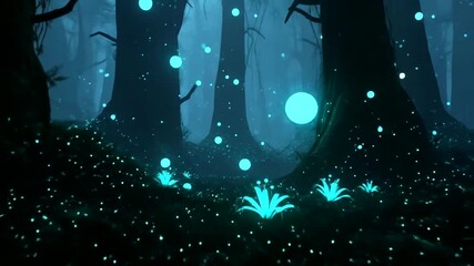 Enchanted forest at twilight with glowing orbs and bioluminescent plants, creating a mystical atmosphere - Powered by Adobe