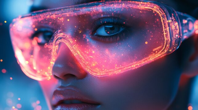A woman girl wearing futuristic neon glowing goggles reflecting cyberpunk colors, symbolizing virtual reality, technology, innovation, sci-fi, digital fashion, imagination, and modern artistic design.