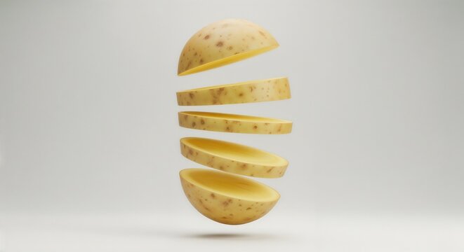 Sliced potato in floating position with uniform yellow color  
