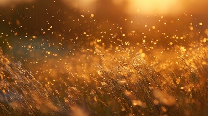 Sunlight filters through tall grass creating a magical glow during sunset in a tranquil field.