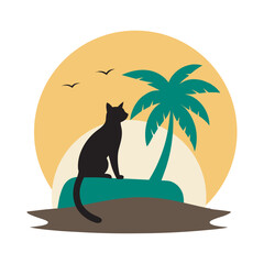 Cat Sitting On Driftwood Palm Silhouette