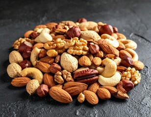 Assorted Pile of Nuts on Dark Background with Almonds Walnuts Cashews Hazelnuts and Pecans Macro Studio Shot Detailed Textures and Rich Colors