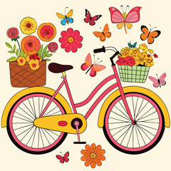 Fototapeta premium Bicycle with flower baskets and butterflies on a cream background bike flowers