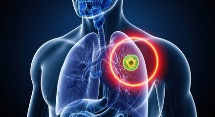 Abstract X-ray Representation of Human Torso Highlighting Lung Cancer Tumor With Prominent Red Warning Circle