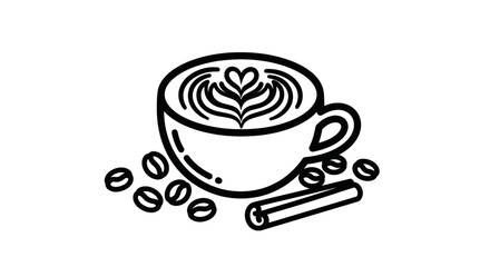 Coffee cup with latte art coffee beans and cinnamon stick.