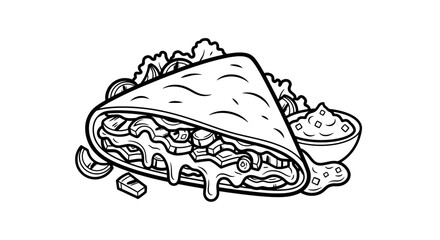 Fototapeta premium Delicious black and white illustration of a tasty burrito with guacamole.