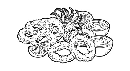 Delicious fried calamari rings with lemon and dipping sauces a tasty appetizer.