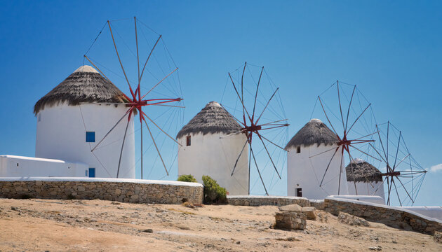 Famous windmills on the island of Mykonos in the northern cyclades greece