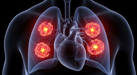Human chest x-ray, anatomical body, highlighting lungs cancer and heart with multiple cancerous tumours
