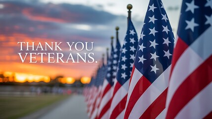 Thank You Veterans American Flags Lined Up At Sunset veterans day