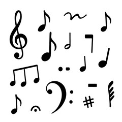 Music notes doodle set hand drawn with a black pen. Black treble clef . Vector illustration