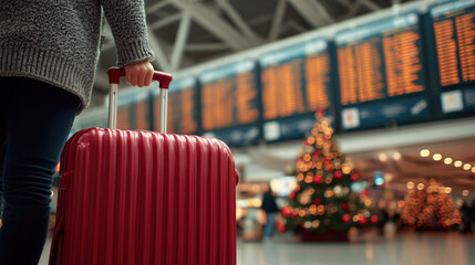 A woman holds a red suitcase in a busy airport terminal. The terminal is filled with people, and signs and displays are everywhere. The atmosphere is festive, with a decorated Christmas tree 