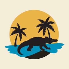 Crocodile Crawling On Palm Beach Silhouette
