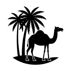 Silhouette of a camel standing near palm trees in a desert oasis