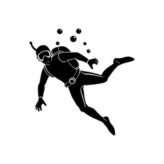 Silhouette of a scuba diver swimming underwater with bubbles
