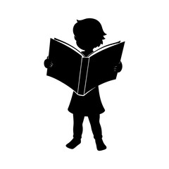Silhouette of a child reading an open book against a white background