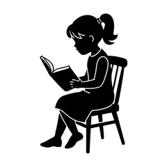 Silhouette of a young girl sitting on a chair reading a book
