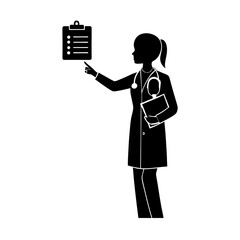 Silhouette of a doctor pointing to a medical chart on a clipboard