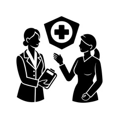 Two women in discussion with a medical shield symbol overhead