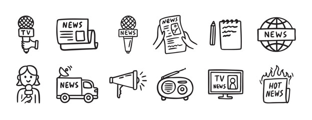Set of hand drawn news media icons, TV journalism and press sketch style elements collection