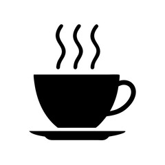 Black silhouette of a steaming cup of hot beverage on a saucer