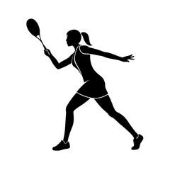 Silhouette of a female badminton player in action hitting a shuttlecock