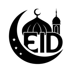 Eid mubarak crescent moon and mosque silhouette with text