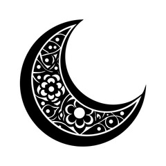 Black crescent moon with intricate floral pattern and white background