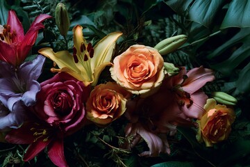A lush arrangement of vibrant roses and lilies flower