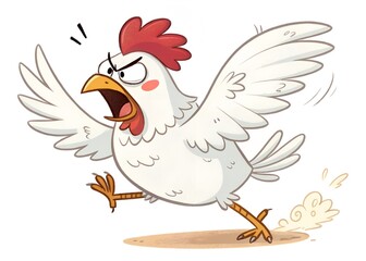 Cartoon chicken running angrily with flapping wings and an angry expression