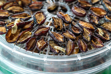 Plums dried in a dehydrator. Selective focus.