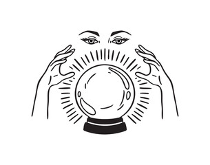 Fortune teller holding crystal ball in hands, monochrome line art hand drawn style