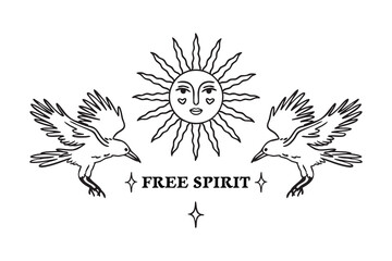 Sun, two flying birds, stars and Free Spirit text, mystical boho, hand drawn, monochrome line art, outline contour