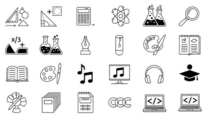 A collection of various tree and leaf line art icons, including palm, pine, and maple symbols