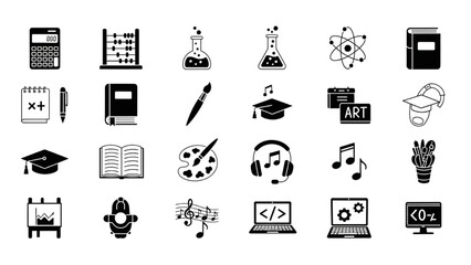 Monochrome icon collection of educational subjects like math, art, science, and technology concept