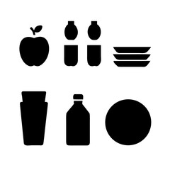Vector art of a simple black and white illustration of food and drink items, including an apple, water bottles, plates, glasses, a bottle, and a round object