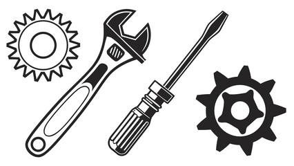 Vector art of a black and white illustration of tools, including a gear, wrench, and screwdriver, arranged for mechanical work, for engineering