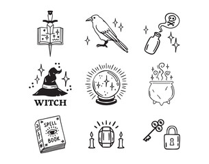 Witchy Halloween set with crystals and locks, eyes and spellbook, sword and poison, cauldron hat and raven, boho colors hand drawn monochrome line art outline contour