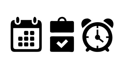Vector art of a set of icons related to scheduling and time, featuring a calendar, a briefcase with a checkmark, and an alarm clock, representing organization, tasks, and deadlines